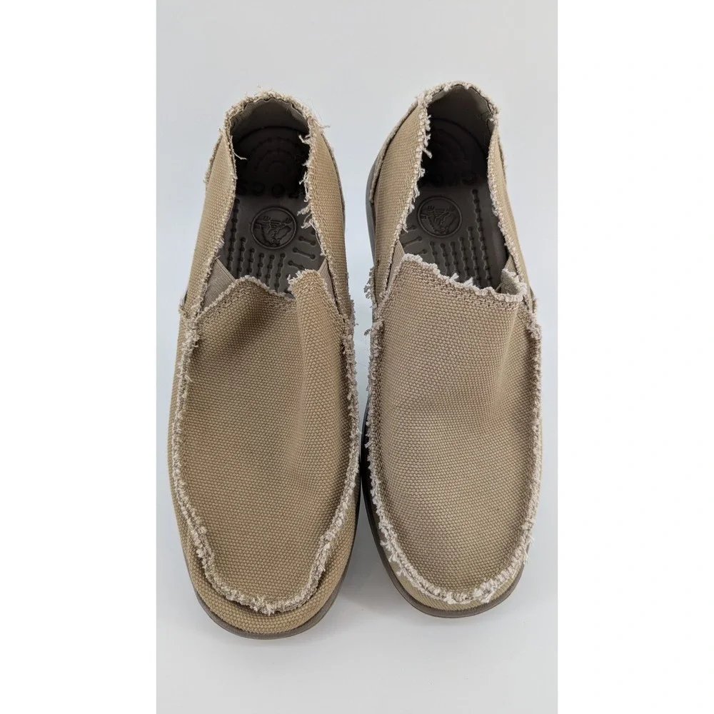 Crocs Santa Cruz Mens Size 8 Khaki Canvas Slip On Loafers Frayed 10128 Tan